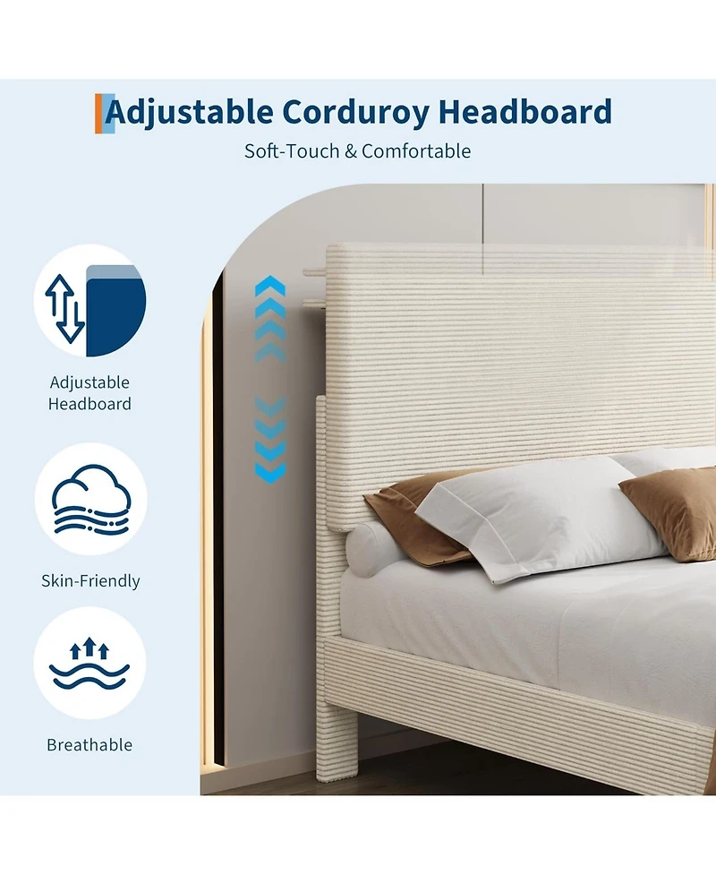 gaomon Bed Frame with Usb Charging Station, Corduroy Upholstered Platform Adjustable Storage Headboard