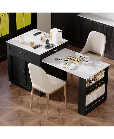 Boyel Living 82.7 inch Kitchen island with Extendable Dining Table, Two-tone Storage 2 Drawers Side Open Shelves, Power Outlet.