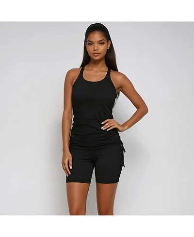 Calypsa Women's Maya Tankini Swim Top With Built-In Bra and Black Mid-Thigh Shorts