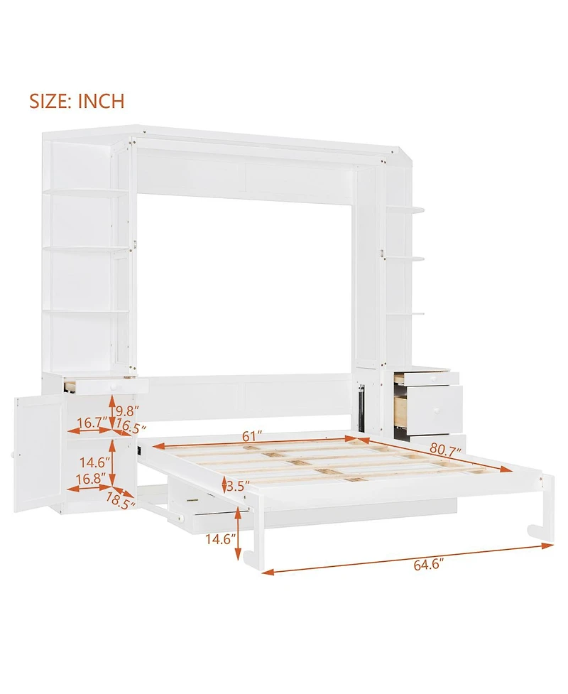 Streamdale Furniture Queen Murphy Bed with Desk, Storage, Cabinets, Hidden Wall Bed, Lights