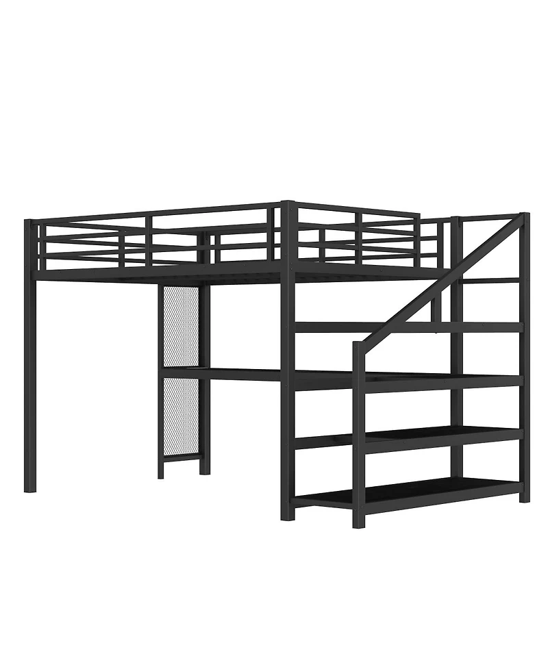 Streamdale Furniture Loft Bed with Desk and Storage Stairs, Metal Loft Bed with Led Lights & Usb Ports