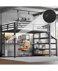 Streamdale Furniture Loft Bed with Desk and Storage Stairs, Metal Loft Bed with Led Lights & Usb Ports