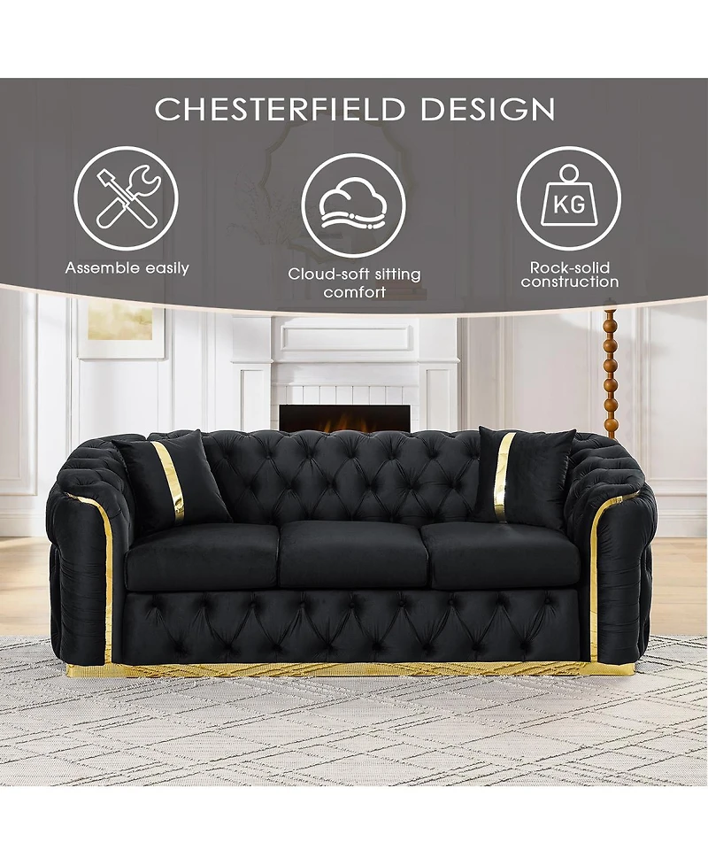 Streamdale Velvet Button Tufted Sofa Couch with 2 Pillows, 3 Seater Luxury Chesterfield Sofa Set