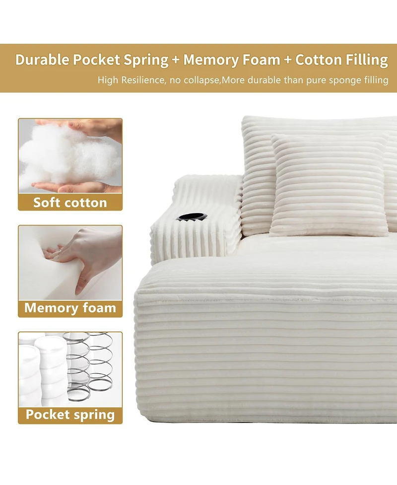 Streamdale Furniture 67" Corduroy Chaise Lounge Sleeper Sofa with Armrest, White