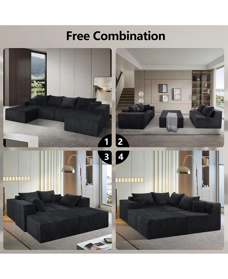 Streamdale Furniture 6-Piece Modular U-Shaped Black Corduroy Sectional Sofa with Chaise Lounge