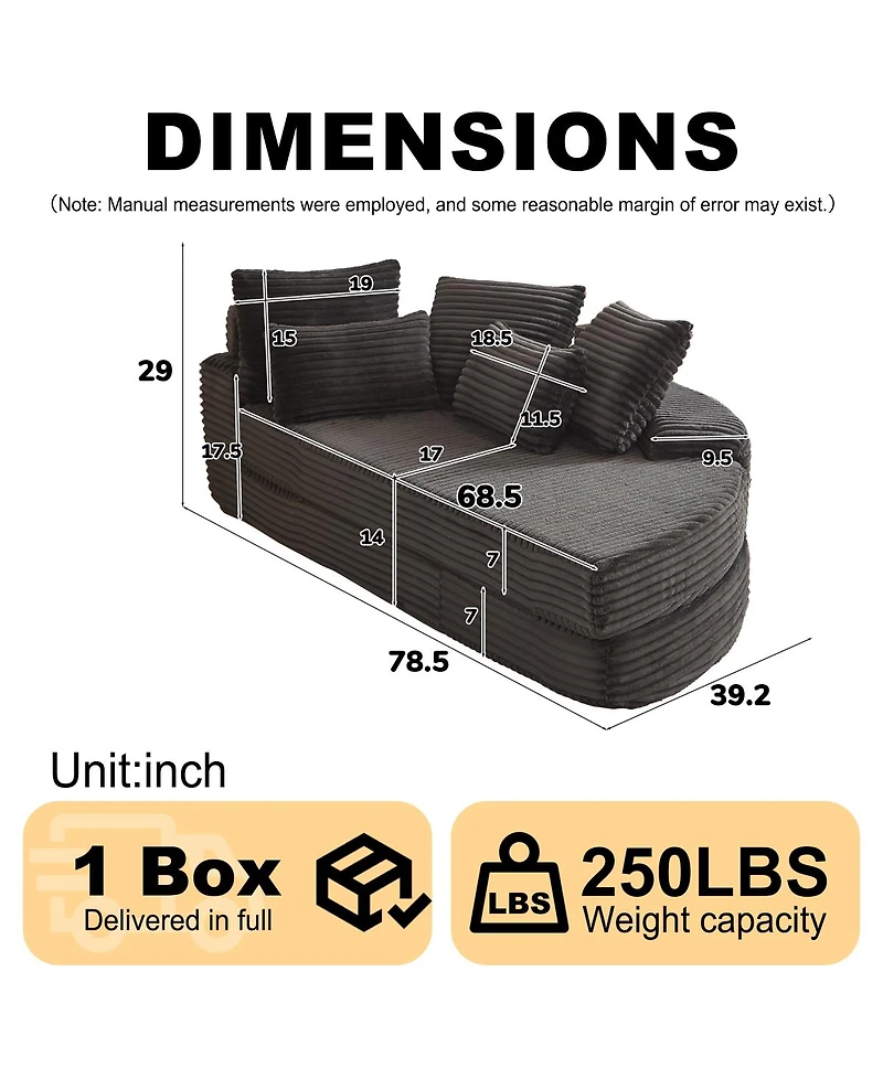 Streamdale Furniture 78.5-Inch Corduroy Semi-Circular 2-in-1 Sofa Bed with Neck Pillow & 5 Throw Pillows