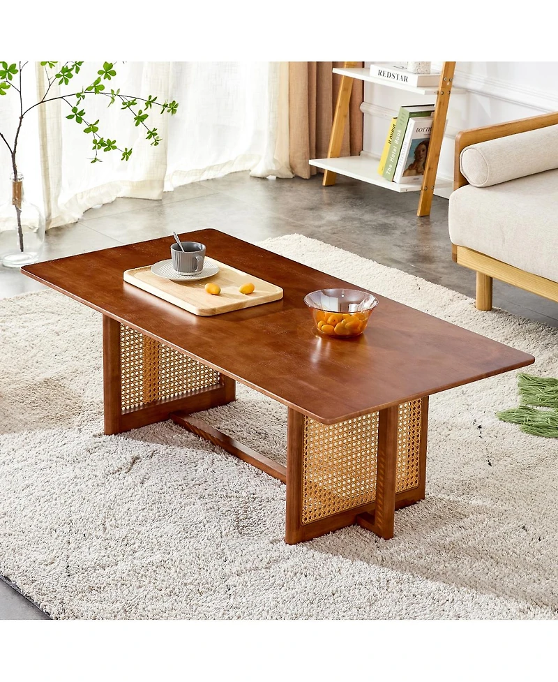 Streamdale Furniture Solid Wood & Rattan Coffee Table for Living Room