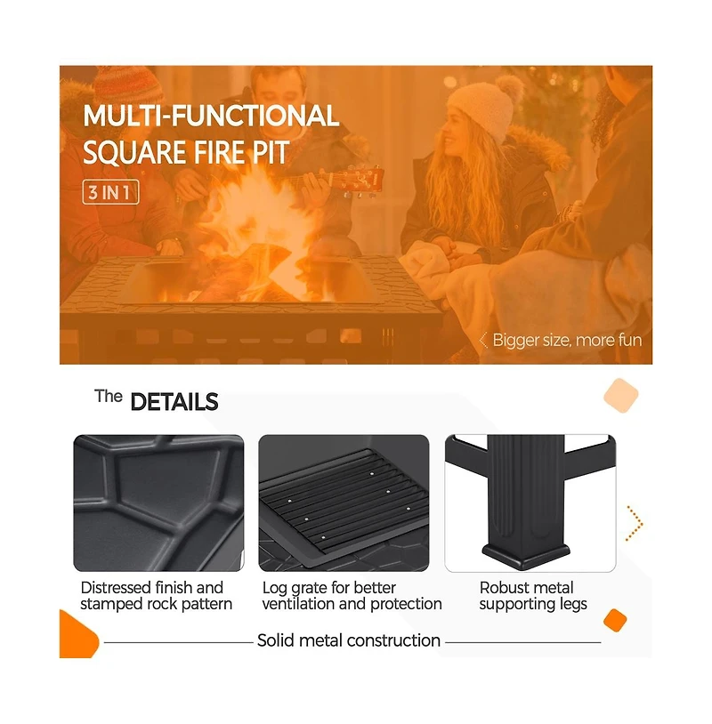 Yaheetech 32'' Outdoor Square Fire Pit with Cover & Poker