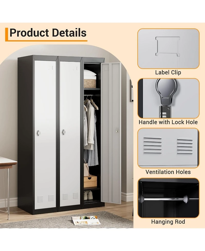 gaomon 71" Metal Locker Cabinet with Hanging Rod and Shelves, Heavy Duty Steel Storage for Office or Gym