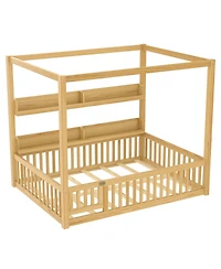 Streamdale Furniture Canopy Bed with Guardrails & Shelves, Montessori Floor Bed Frame