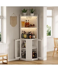 Streamdale Furniture 67.3" Farmhouse Corner Bar Cabinet with Power Outlet, Lights & Glass Rack