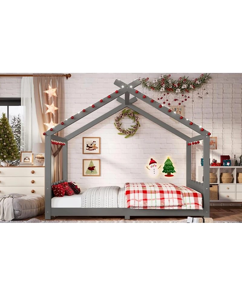 Streamdale Furniture Full House Floor Bed with Support Slats, Solid Wood House Bed Frame for Kids, Gray