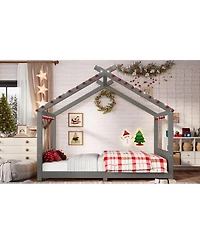 Streamdale Furniture Full House Floor Bed with Support Slats, Solid Wood House Bed Frame for Kids, Gray