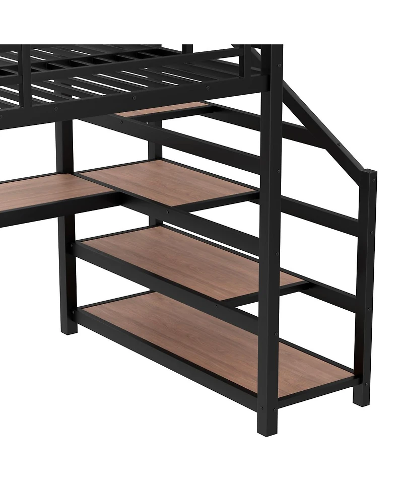 Streamdale Furniture Full Loft Bed with Desk, Storage Stairs, Led Lights & Usb Ports