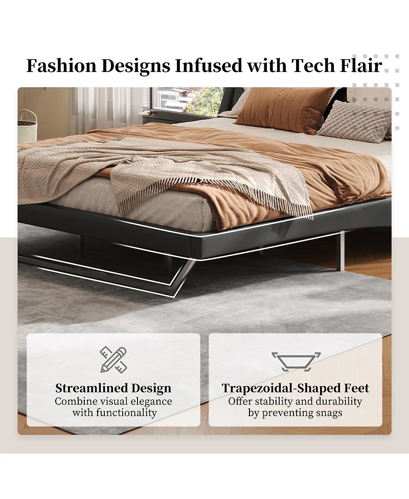 Streamdale Furniture Queen Size Pu Leather Upholstered Bed Frame, No Box Spring Needed