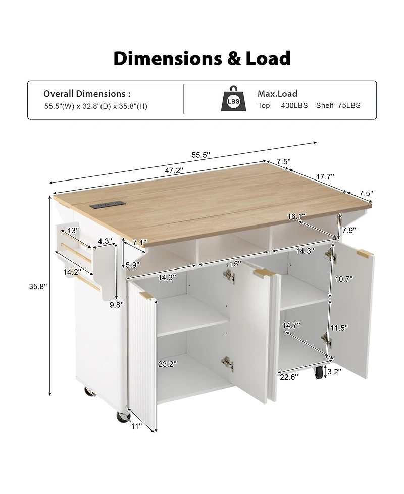 Streamdale Furniture 55.5" Fluted Kitchen Island with 2 Drop Leaf, Storage Cart, Power Outlet, 4 Doors, Spice Rack, Rolling Table