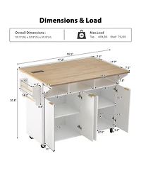 Streamdale Furniture 55.5" Fluted Kitchen Island with 2 Drop Leaf, Storage Cart, Power Outlet, 4 Doors, Spice Rack, Rolling Table