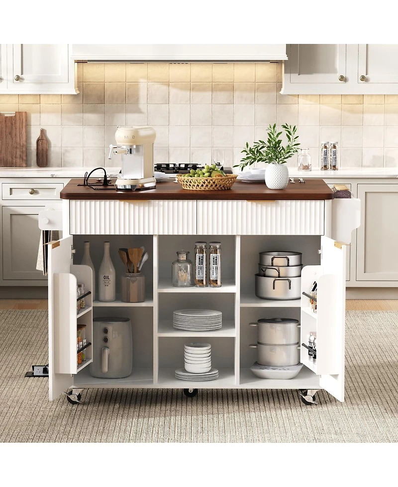 Streamdale 52" Fluted Kitchen Island with Drop Leaf, Power Outlet & Storage Cart