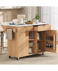 Streamdale 52" Fluted Kitchen Island with Drop Leaf, Power Outlet & Storage Cart