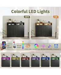 gaomon 5-Drawer Wooden Dresser with Led Lights & Charging Station, Modern Nightstand Chest for Bedroom, Black