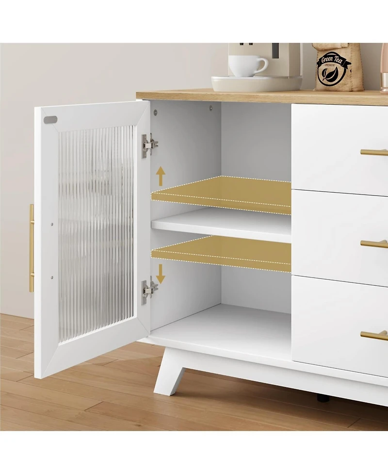 gaomon Modern Farmhouse Buffet Storage Cabinet with Glass Door, 56" Large Sideboard Door/3 Drawers/Adjustable Shelf