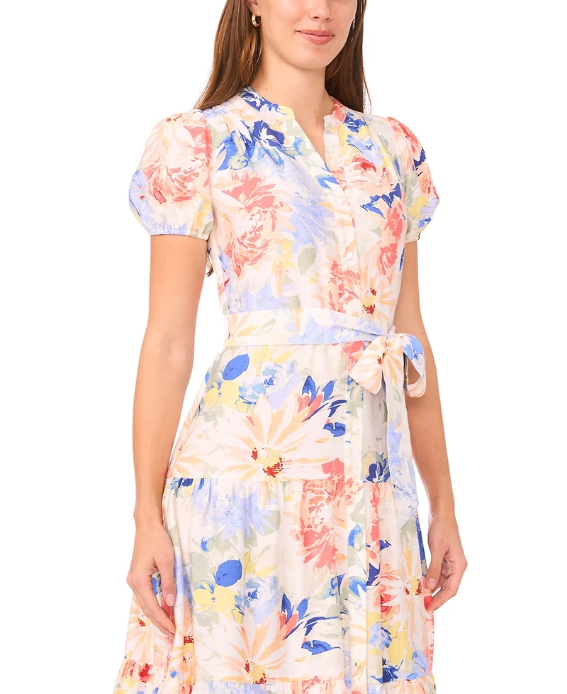 Msk Petite Split Neck Puff-Sleeve Tiered Maxi Dress