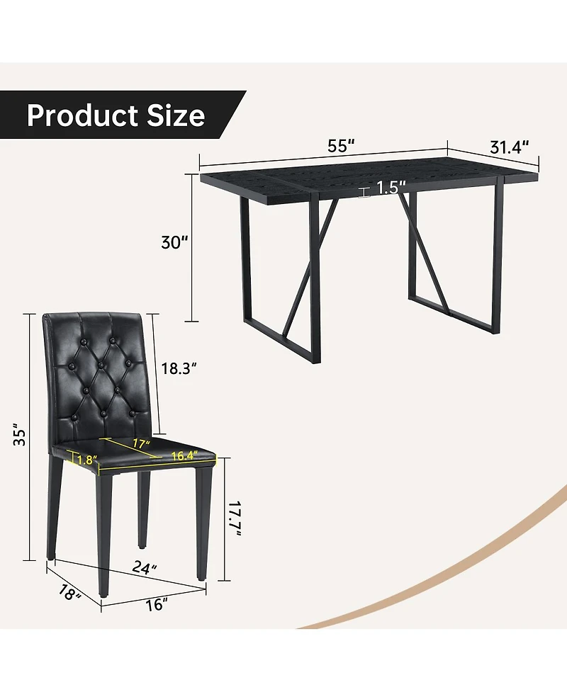 Streamdale Furniture Black Faux Wood Grain Mdf Dining Table Set with 4 Black Pu Chairs