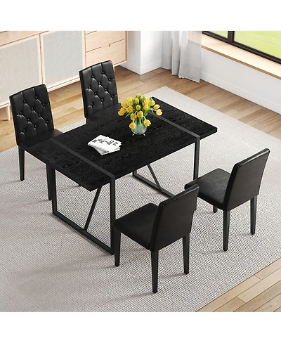 Streamdale Furniture Black Faux Wood Grain Mdf Dining Table Set with 4 Black Pu Chairs