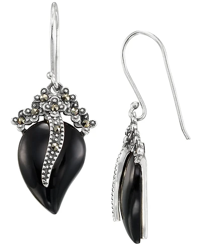 Macy's Marcasite (0.16 ct. t.w.) and Onyx (4 ct. t.w.) Dangle Earrings in Sterling Silver