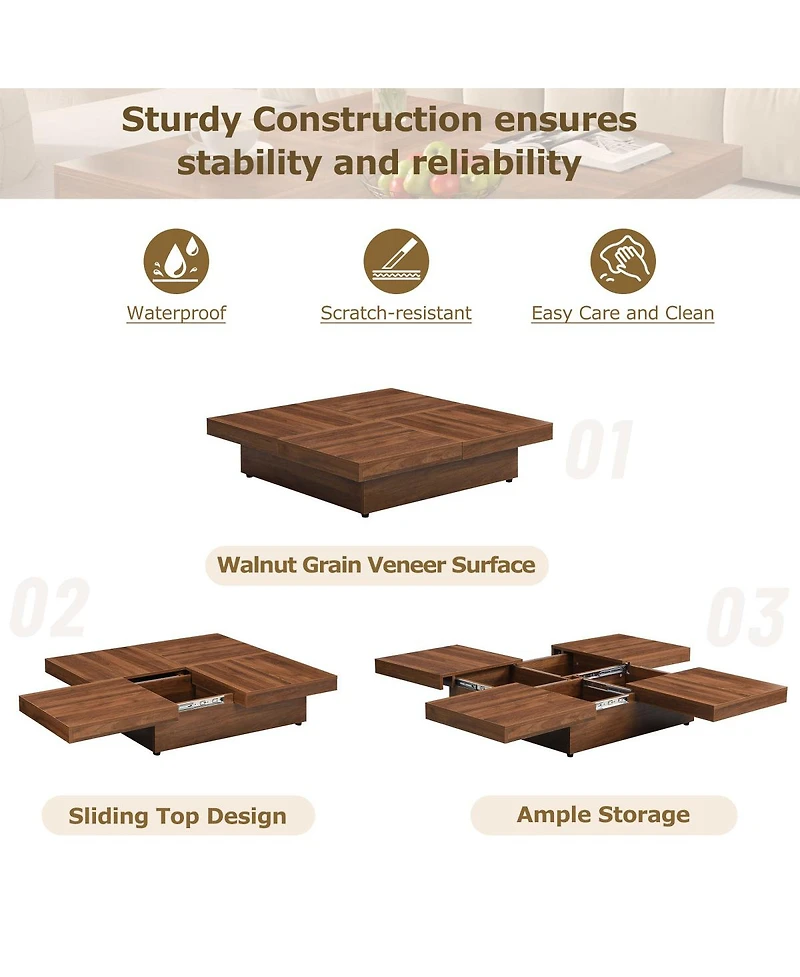 Streamdale Furniture Square Veneer Coffee Table Sliding Top with Storage in Walnut 39.4"