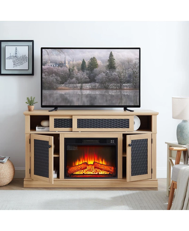 Streamdale Furniture Embossed Pattern Tv Stand with 23" Fireplace, Media Console, Light Oak, 58.27"W