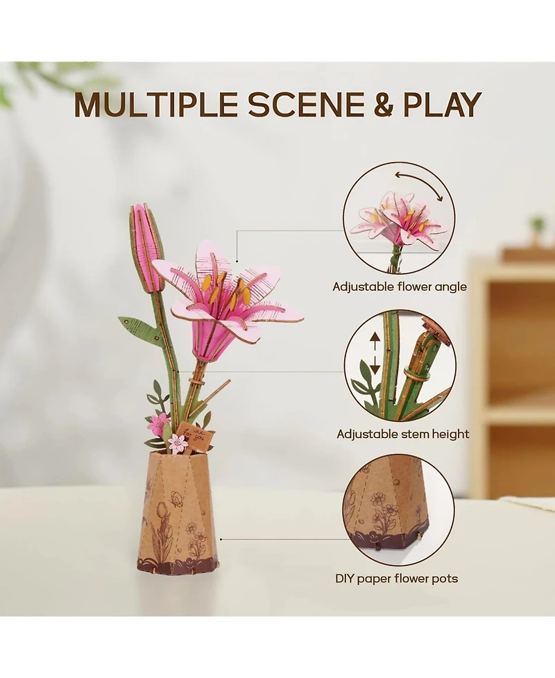 Flash Popup Diy 3D Wood Puzzle Pink Lily 73 pieces