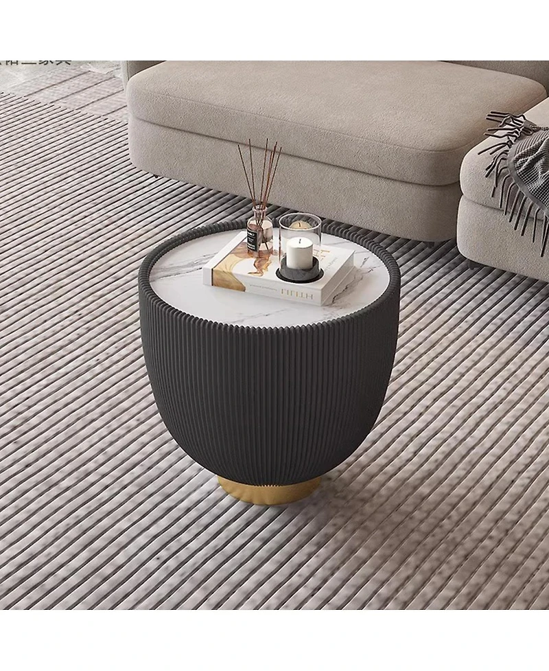 Streamdale Furniture Modern Round Sintered Stone Leather Edge Sofa End Table with Metal Base