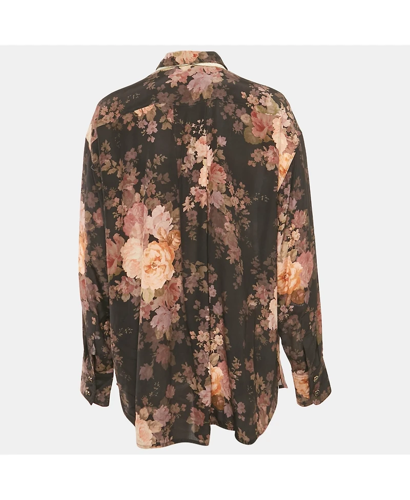 Pre-Owned Zimmermann Women's Black Floral Print Silk Neck Tie-Up Button Front Blouse