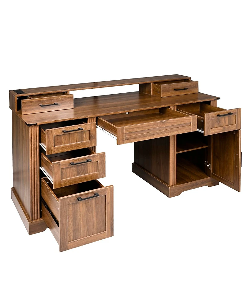 Streamdale Furniture 59" Farmhouse Office Desk with Charging Station & Storage Cabinet, Barn Door Design