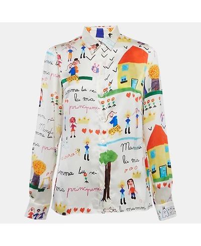 Pre-Owned Dolce & Gabbana Women's Ivory Dg Family Print Silk Shirt
