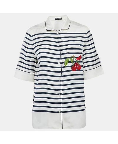 Pre-Owned Dolce & Gabbana Women's Ivory Striped Silk Short Sleeve Shirt