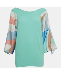 Pre-Owned Emilio Pucci Women's Green Knit &silk Printed Trim Detail Top