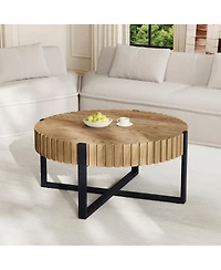 Streamdale Furniture Round Handcraft Drum Coffee Table with Gear Design & Cross Metal Base, 31.5" Modern Compact Table