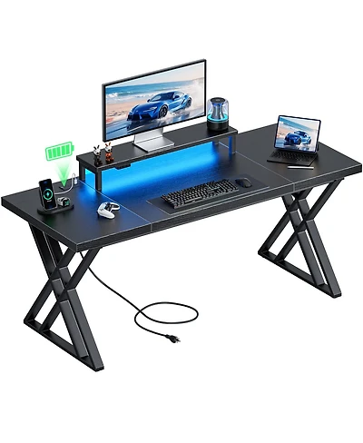 Streamdale Furniture Gaming Desk with Usb Charging, Led Lights & Monitor Riser