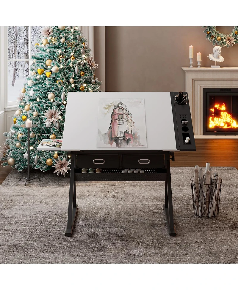 Streamdale Furniture Adjustable Drawing Drafting Table Desk with 2 Drawers & Stool (White)