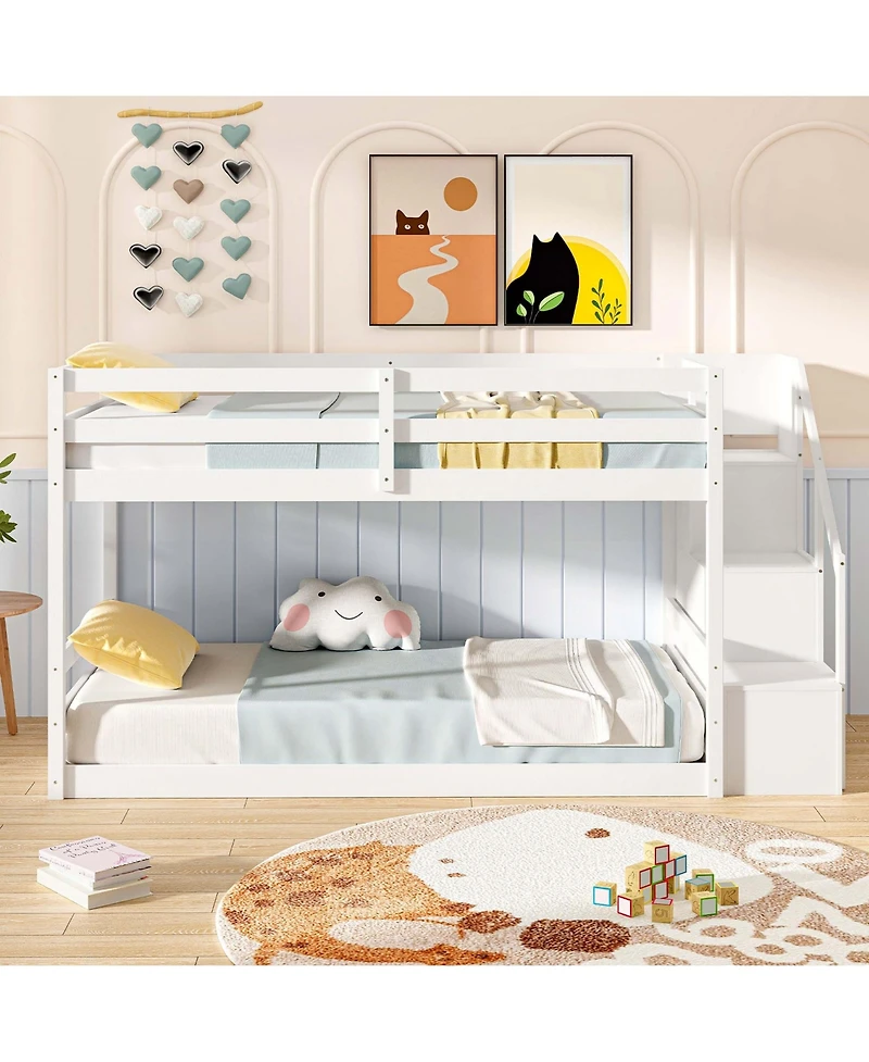 Costway Twin Over Twin Low Bunk Bed Solid Wood Floor Bunk Bed Frame with Storage Stairs