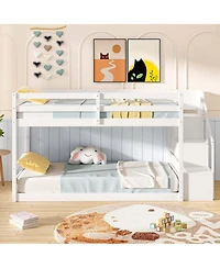 Costway Twin Over Twin Low Bunk Bed Solid Wood Floor Bunk Bed Frame with Storage Stairs