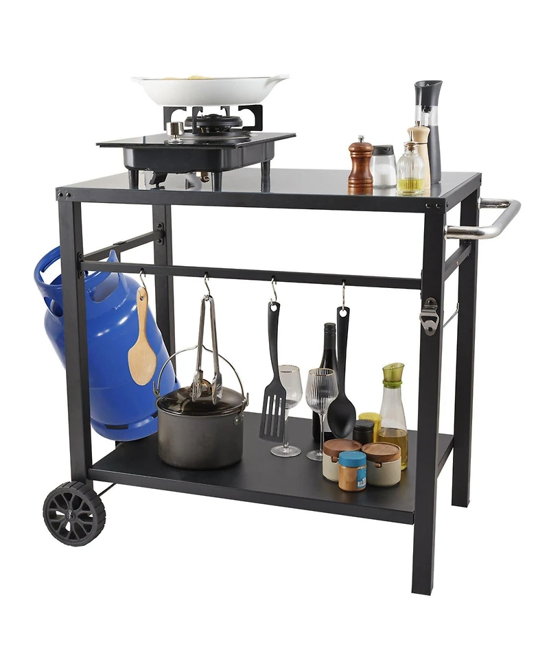 Volenca Outdoor Grill Dining Cart, Double Shelf, Iron Top, 2 Wheels, Carry Handle, Food Prep Table