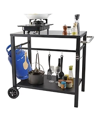 Volenca Outdoor Grill Dining Cart, Double Shelf, Iron Top, 2 Wheels, Carry Handle, Food Prep Table