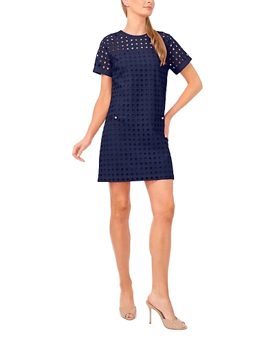 CeCe Women's Circle Eyelet Crewneck Shift Dress