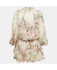 Pre-Owned Zimmermann Women's Beige Floral Print Silk Tiered Mini Dress