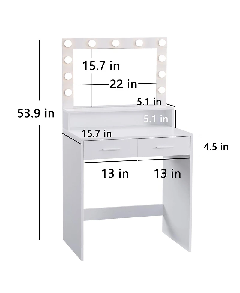 Streamdale Furniture Vanity Desk with Mirror, Lights, Drawer & 2-Level Storage