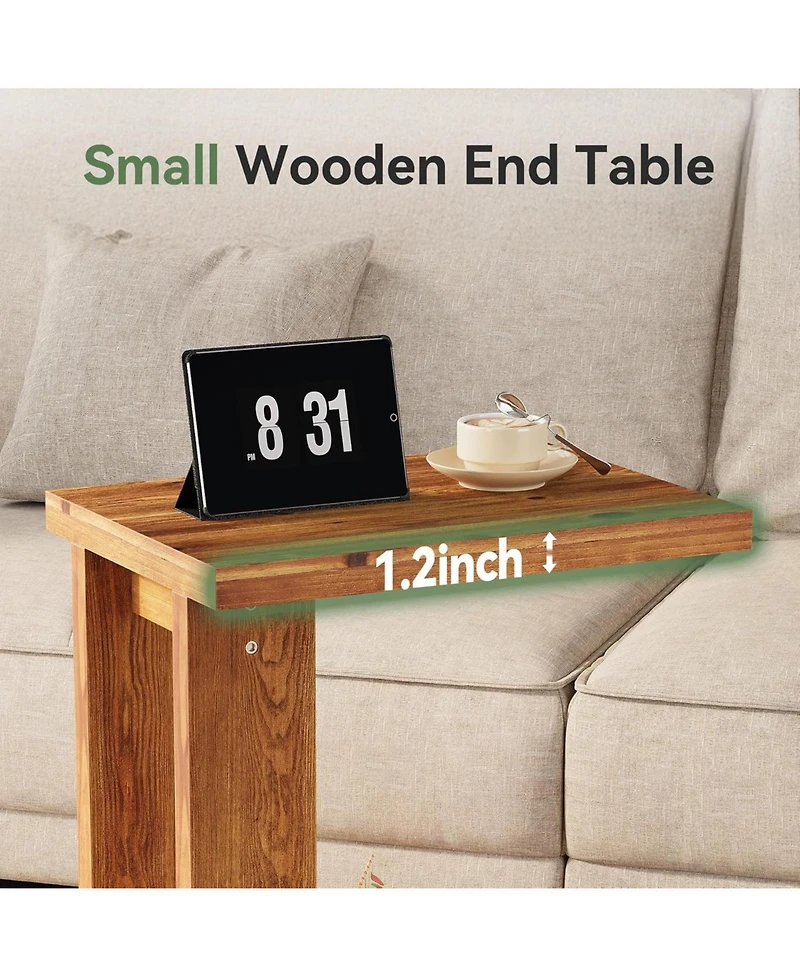 Tribesigns Solid Wood C-Shaped End Table, Wooden Side Table for Sofa, 2-Tier Bedside Nightstand for Living Room, Bedroom