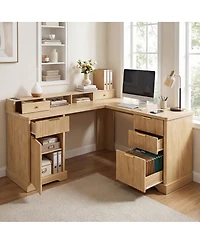 Streamdale Furniture 59" Modern Fluted L-Shaped Desk with Charging Station & Storage Cabinet - Oak